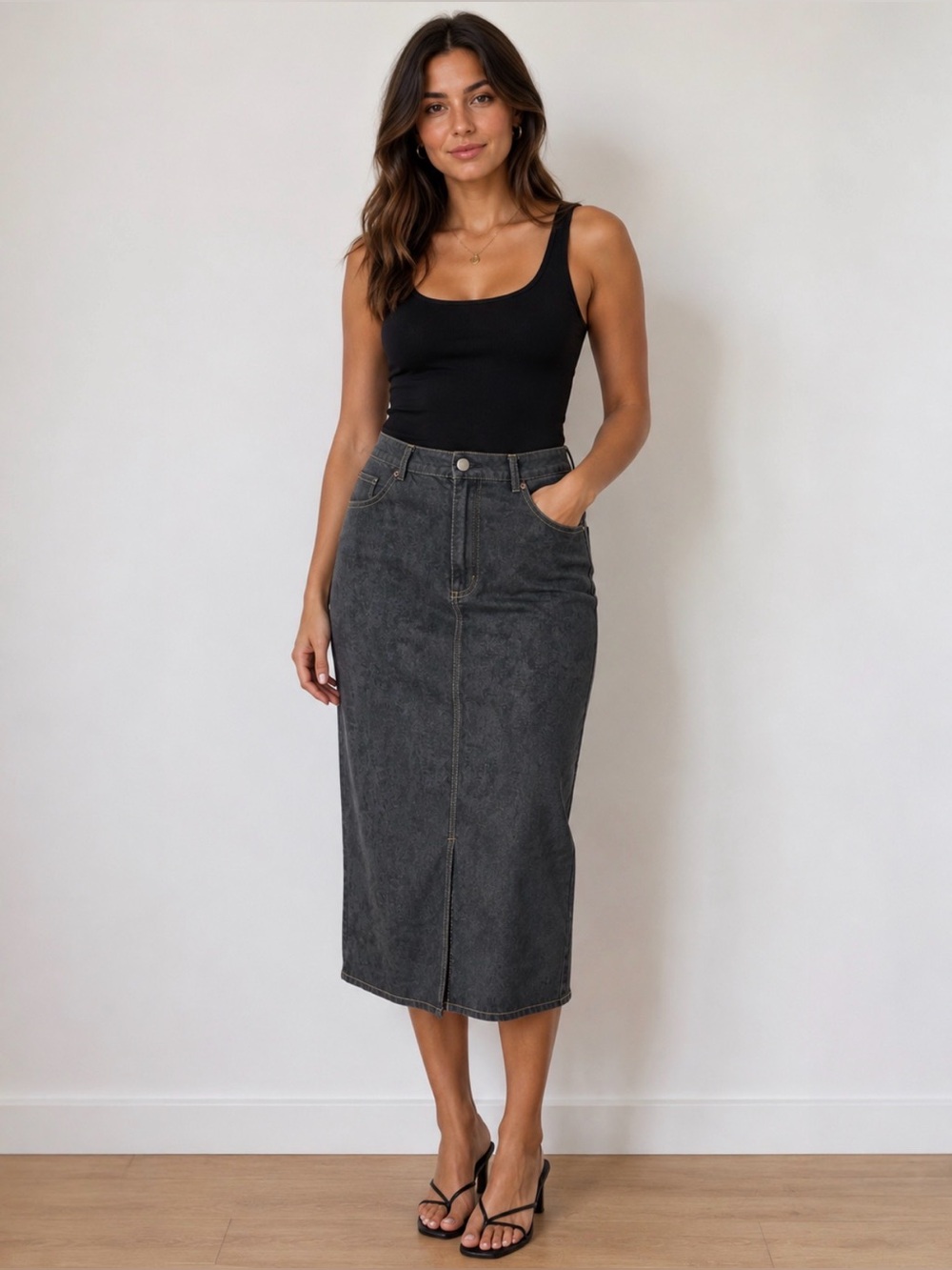 Vintage Emilie Black Washed Denim Midi Skirt